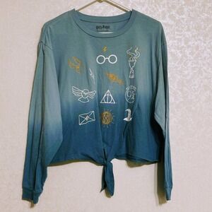 Harry‎ Potter Tie Front Blue Ombre Long Sleeve Shirt Cropped Graphic Tee Sz 2XL